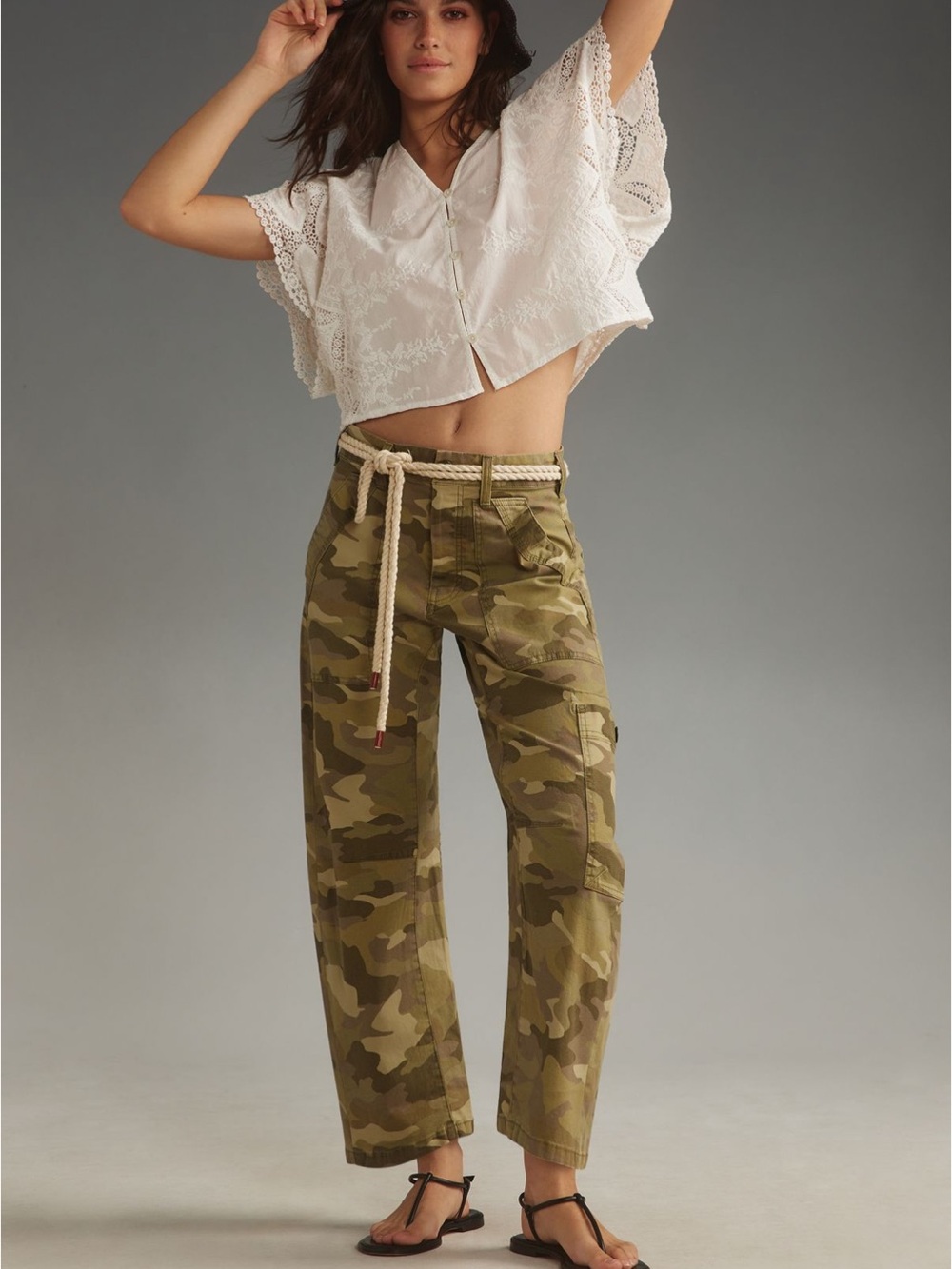 Pilcro Olive Camo Wide-Leg Utility Pants with Rope Belt